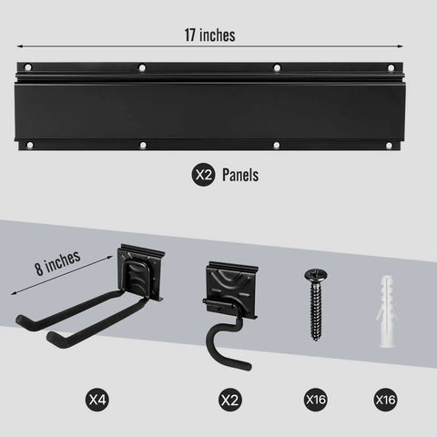 Garage Tool Storage Rack With Heavy Duty Hangers And Multi Purpose Hooks, includes two 17-inch panels and hardware
