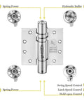 Close-up of 3 Pack 4.5 Inch Heavy Duty Adjustable Self Closing Door Hinges showing controls and settings, black fire rated full mortise hinge.