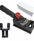 Rock Solid Woodworking Drill Guide Jig For Dead On Accurate Dowel Holes and No Sweat Furniture Assembly with red knob and black body