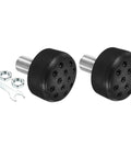 Rugged Rubber Roller Skate Stopper Brake Block With Bolt Holes Adjustable Toe Stop For Roller Skates Indoor Outdoor Use Black 0.6 Inch Diameter Thread Fits Double Row Skates And Keeps You Dialed In shown with nuts and wrench.