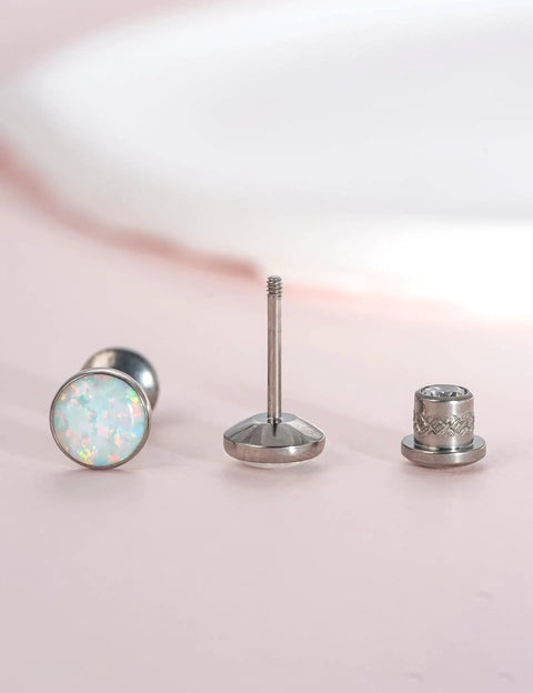 Solid Implant Grade Titanium Screw Back Earrings Made For Sensitive Skin With Hypoallergenic F136 Studs, showcasing white opal design and threaded back.
