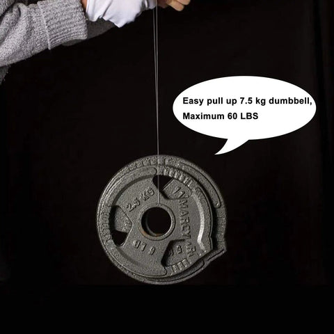 Clear Invisible Hanging Wire 0 Point 9 Millimeter Pro Grade That Holds Up To 60lbs 656 Feet shown lifting dumbbell weight