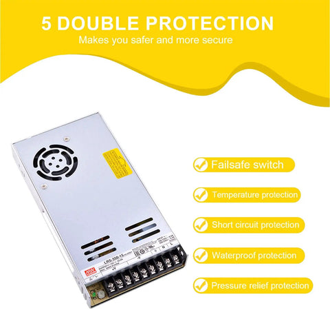 Top Shelf 350W 15V Power Supply Rock Solid 23.2A AC DC Switching Adapter with failsafe and temperature protection.