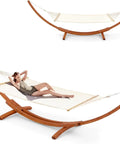 13 Ft Hammock With Stand For Two People Heavy Duty Outdoor Hammock Bed 550 Lb Capacity Breathable Skin Friendly Fabric Sturdy Arc Frame With Chains Ideal For Porch Patio Balcony Garden Backyard Chill White Yellow, woman relaxing on it.