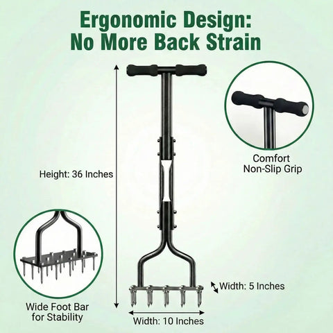 15 Thick Spikes Lawn Aerator Tool With Weldless U Shaped Handle showing ergonomic design, 36-inch height, and comfort grip