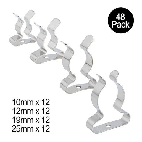 Beefy Heavy Duty Manganese Steel Spring Clips Set 48 Pieces Assorted Open Type Clips For Tool Storage Brooms Rakes And Garage Organization 10mm 12mm 19mm 25mm Durable Hardware Organizer, 48 pack clips