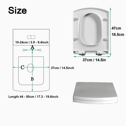 Size chart for Freakin Smooth Soft Close Square Toilet Seat With Instant Quick Release Toss Design Thickened Polymer Build.
