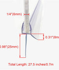 Frameless Shower Door Bottom Seal with drip rail dimensions, 27.5 inch long, showing glass fit of 6-12 mm and water-retaining edge