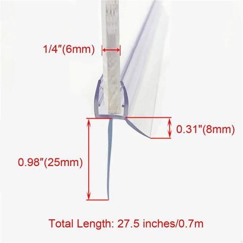 Frameless Shower Door Bottom Seal with drip rail dimensions, 27.5 inch long, showing glass fit of 6-12 mm and water-retaining edge