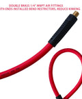 Heavy Duty 3/8 Inch By 50 Ft Hybrid Air Compressor Hose With 300 Psi Max Pressure And Solid Brass Fittings; red color, bend restrictors to minimize kinking.