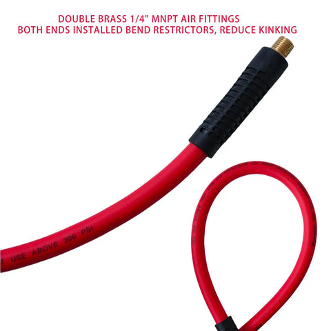 Heavy Duty 3/8 Inch By 50 Ft Hybrid Air Compressor Hose With 300 Psi Max Pressure And Solid Brass Fittings; red color, bend restrictors to minimize kinking.