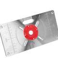 Built Tough Aluminum Router Base Plate With Four Fast Swap Inserts And Precision Bushing For Smooth Wood Routing Carving And Tight Trim Job Guaranteed To Last, viewed from above.