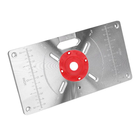 Built Tough Aluminum Router Base Plate With Four Fast Swap Inserts And Precision Bushing For Smooth Wood Routing Carving And Tight Trim Job Guaranteed To Last, viewed from above.