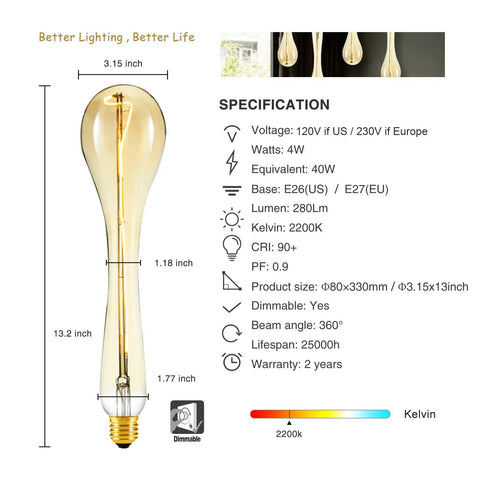 Oversized Edison Style Light Bulbs With E26 Base Amber Glass 4W Warm White 2200K Dimmable LED Filament Bulbs Giant Vintage Decor Lighting specs