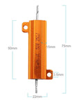 Two Pack 50 Watt 25 Ohm Wirewound Resistors For Smart Doorbell Voltage Drop Hack Compatible With Ring Nest Hello Skybell Aluminum Chassis Mount Easy Plug And Play Hardware view from above with detailed measurements.