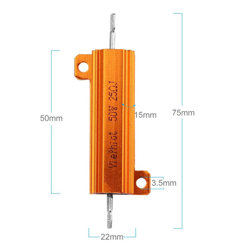 Two Pack 50 Watt 25 Ohm Wirewound Resistors For Smart Doorbell Voltage Drop Hack Compatible With Ring Nest Hello Skybell Aluminum Chassis Mount Easy Plug And Play Hardware view from above with detailed measurements.