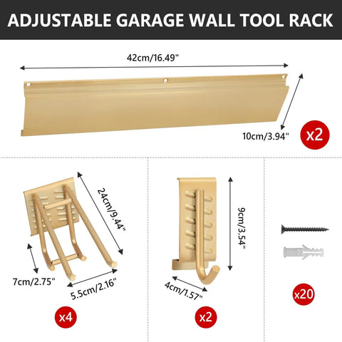33 Inch Wall Mounted Garage Tool Rack With 2 Panels And 6 Heavy Duty Hooks 675 Lb Capacity Adjustable Rails For Shovels And Yard Tools Durable Shed Organizer In Gold Finish components including screws.