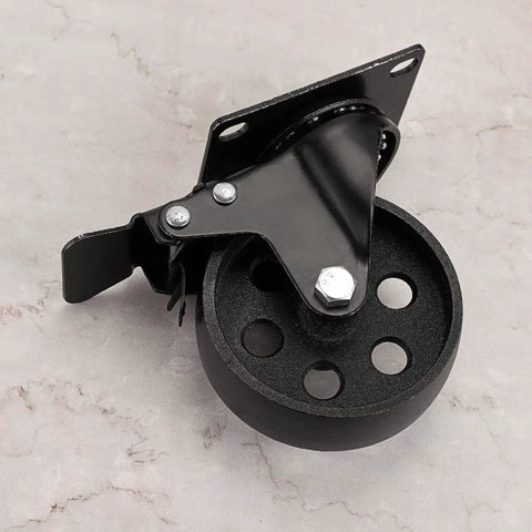 Heavy Duty 4 Inch Cast Iron Swivel Plate Caster with Dual Locking Brakes for Tables and Carts, rust resistant, side view