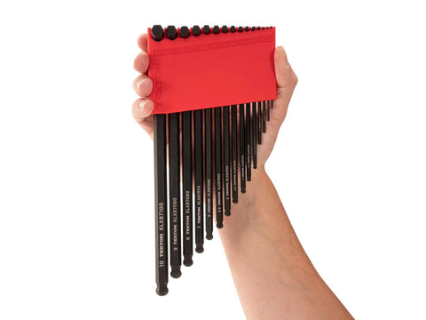 Short Arm Ball End Hex L Key Set With Holders, 28-Piece, 0.050 to 3/8 in And 1.3 to 10 mm, shown in hand with clip-on rack