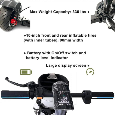Foldable Electric Golf Scooter With Comfortable Seat And Umbrella Holder Powered By 2400W dual motors, showing control panel and 10-inch tires.