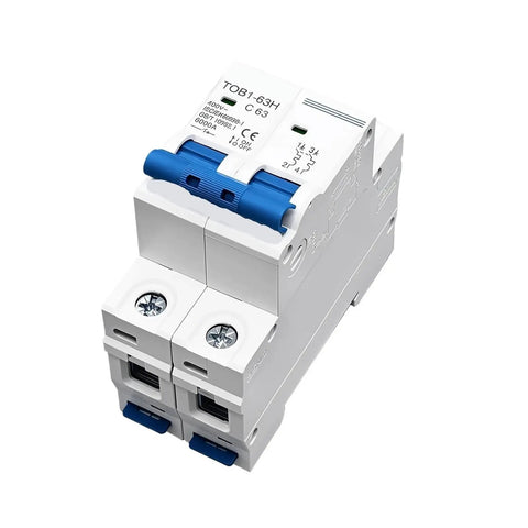 Tough As Nails Heavy Duty MCB Miniature Circuit Breaker C Curve 63 Amp 230 400 Volt Panel Switch view from the side with blue lever.