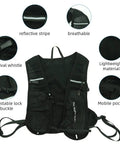 Back view of 5L Quick Dry Nylon Mesh Hydration Backpack with Multi Pocket Design for Men and Women, featuring reflective stripes and breathable fabric.