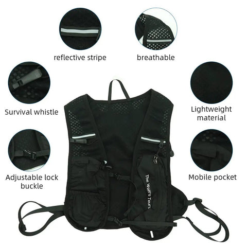 Back view of 5L Quick Dry Nylon Mesh Hydration Backpack with Multi Pocket Design for Men and Women, featuring reflective stripes and breathable fabric.