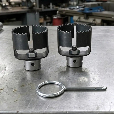 Heavy Duty Three Piece Drain Auger Set Featuring Tough As Nails Steel Cutter Heads For Knocking Out Grease And Hair Clogs In 4 Through 8 Inch Pipes on metal surface.