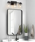 Three Light Matte Black And Brushed Nickel Bathroom Vanity Light Fixture Over Mirror With Clear Glass Shades E26 Base