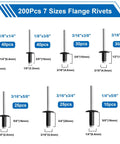 Pro Grade Beefed Up 1001 Piece Pop Rivet Gun Kit With Black Rivets Large Flange Rivets And Stainless Washers In Portable Toolbox chart showing 7 sizes of flange rivets