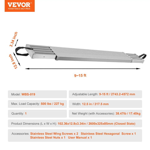 Aluminum Telescoping Work Plank 9 To 15 Ft Adjustable Length 12.5 Inch Wide Platform 500 Lb Capacity Built Tough Aluminum Work Stand For Construction And Home Projects shown closed