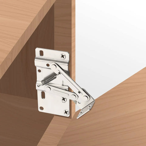Close-up of 2 Pack Tip Out Tray Hinges for Kitchen Sink and Bathroom Cabinets, scissor hinge design, nickel plated steel, installed on wood.
