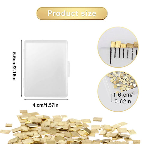 Gold-Plated Alloy Solder Chips 1x1mm, 0.5g Pack (About 200 Pieces) With 2% Gold, shown with size comparisons and packaging.