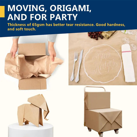 Collage of brown kraft paper used for packing, table setting, origami, and covering boxes