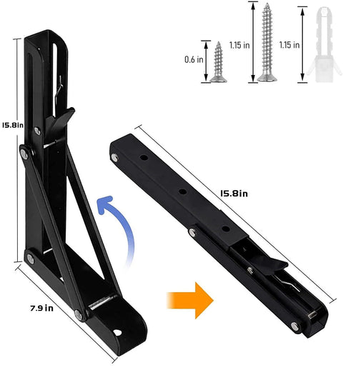 16 Inch Folding Shelf Brackets Set Of 2 Heavy Duty Stainless Steel Collapsible Triangle Shelf Brackets with screws shown
