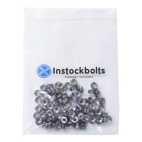 Size Six By Thirty Two Keps Nuts With External Tooth Washer in 304 Stainless Steel Pack of 100 in a clear bag