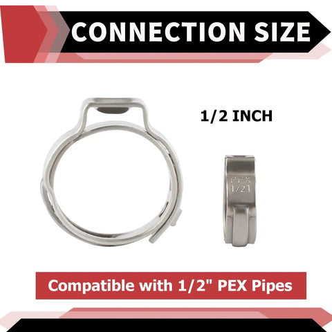 Pack Of 100 1/2 Inch Stainless Steel Pex Cinch Clamp Rings For Pex Tubing Pipes, 304 Stainless, Corrosion And Heat Resistant