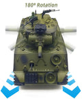 Front view of Remote Control Battle Tank 15 Channel 2.4GHz RC Tank One Twentieth Scale Sherman M4A3 showing 180° turret rotation.