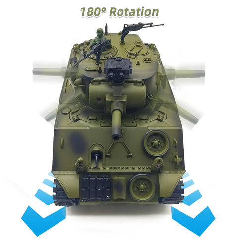 Front view of Remote Control Battle Tank 15 Channel 2.4GHz RC Tank One Twentieth Scale Sherman M4A3 showing 180° turret rotation.