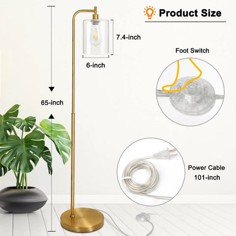 Gold Industrial Floor Lamp With Glass Shade For Living Room And Bedroom Vintage Brass Standing Lamp With E26 Socket And Foot Switch Modern Rustic Lighting Dope Vibe