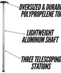 Golf Travel Bag Support Pole with telescoping sections, aluminum shaft, oversized poly top cap, text annotations on features