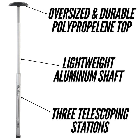 Golf Travel Bag Support Pole with telescoping sections, aluminum shaft, oversized poly top cap, text annotations on features