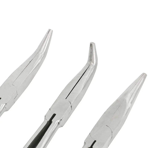 Close-up of 11-Inch Long Needle Nose Pliers Set 5 Piece Kit with Straight and Bent Nose Designs for Tight Spaces Work