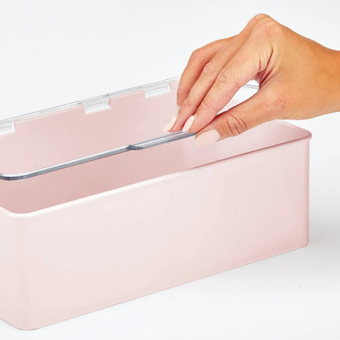 Hand opening stackable plastic storage organizer box with hinged lid in light pink and clear for office bedroom entryway garage and craft room