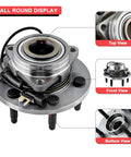 Front Wheel Bearing And Hub Assembly For 4WD 6 Lug With ABS Fits Chevy Silverado 1500 Suburban Tahoe GMC Sierra 1500 Yukon XL Cadillac Escalade 2015-2020 4x4 Premium Quality Durable Low Noise Precision Fit Beefed Up For Long Lasting Performance displaying top, front, and bottom views