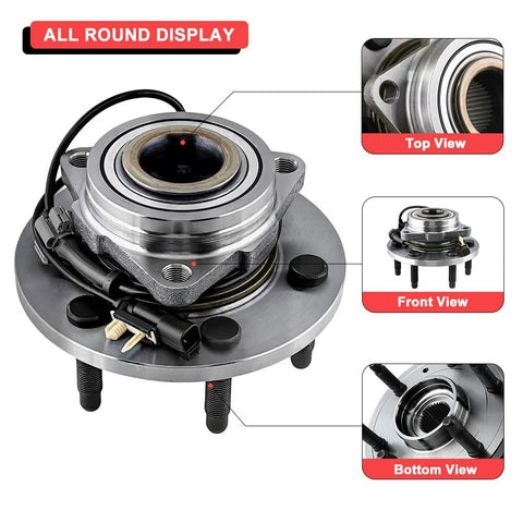 Front Wheel Bearing And Hub Assembly For 4WD 6 Lug With ABS Fits Chevy Silverado 1500 Suburban Tahoe GMC Sierra 1500 Yukon XL Cadillac Escalade 2015-2020 4x4 Premium Quality Durable Low Noise Precision Fit Beefed Up For Long Lasting Performance displaying top, front, and bottom views