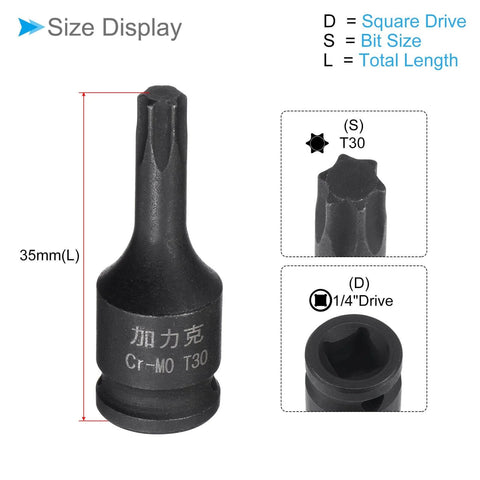 Impact Torx Bit Socket T30 One Quarter Inch Square Drive 35mm Length With CR-MO Chamfer Design Pin Hole Six Point Star Socket
