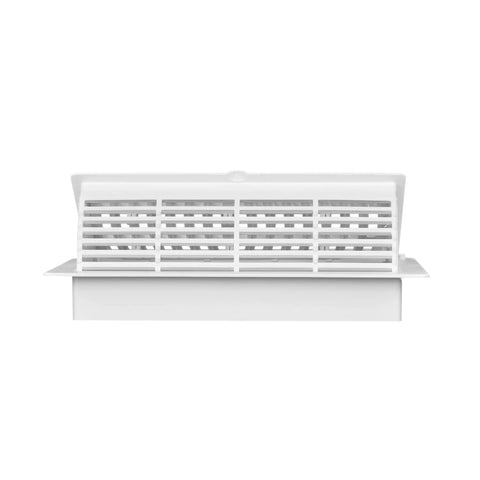 Pop Up Floor Register 4 By 10 Inch White Pack Of Five With Air Deflector, High Impact Polystyrene Construction, front view.