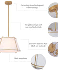 16" White and Gold Drum Pendant Light with Metal Lantern Fabric Shade showcasing a fabric lampshade and gold accents.
