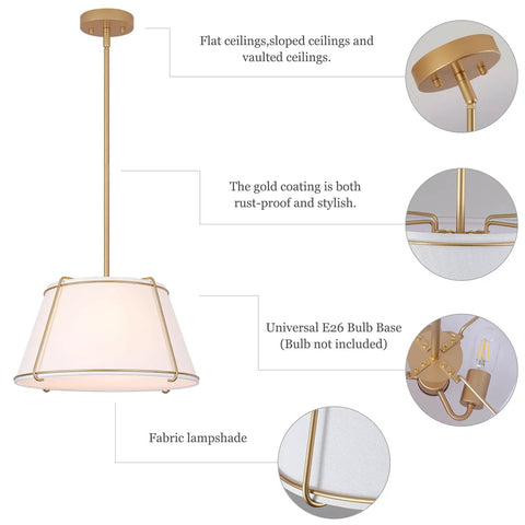 16" White and Gold Drum Pendant Light with Metal Lantern Fabric Shade showcasing a fabric lampshade and gold accents.